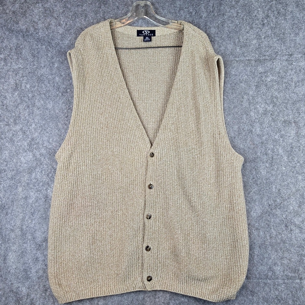 Vintage Vantage Sweater Vest Mens XL Khaki Tan Marled Cotton Knit Cardigan USA
